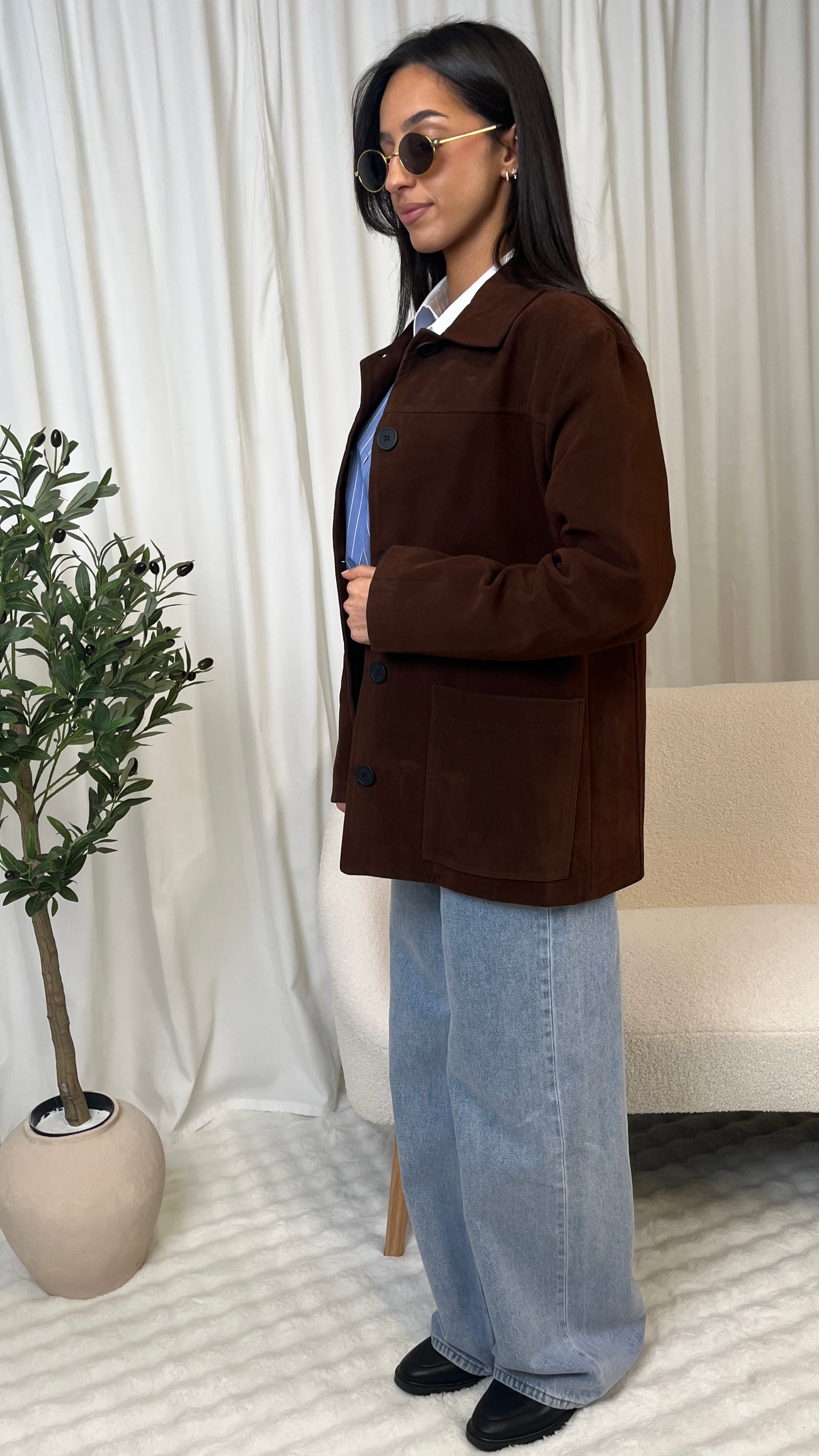 Veste marronn effet suédine à boutons